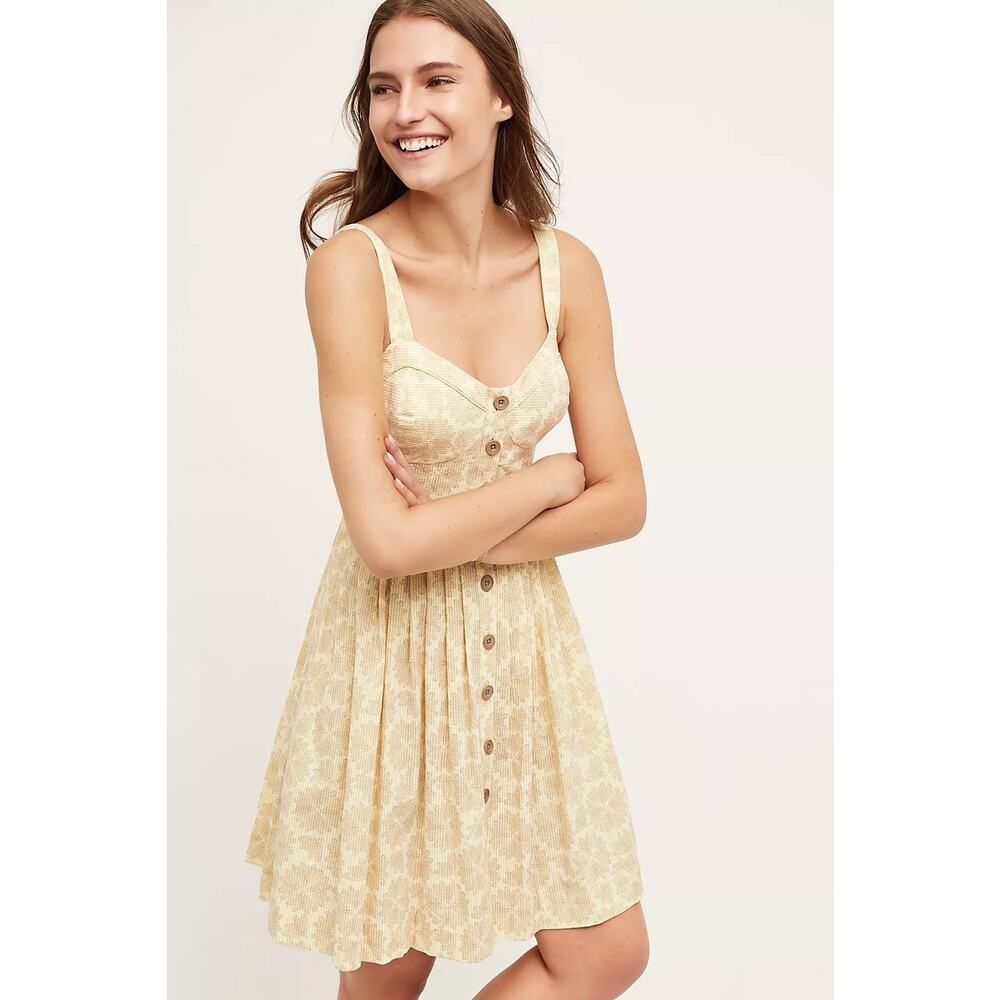 Maeve Anthropologie Yellow Brown Cotton Floral Button Up Cafe Dress Sz 0 Boho